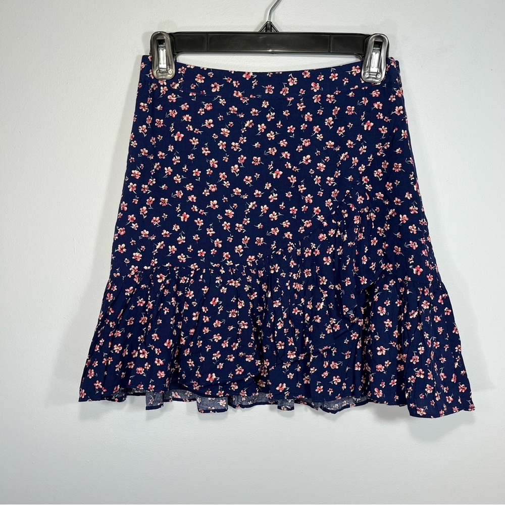 Aqua Skirt Womens Extra Small Blue Pink Ditsy Floral Ruffle Lined Wrap Style Hem